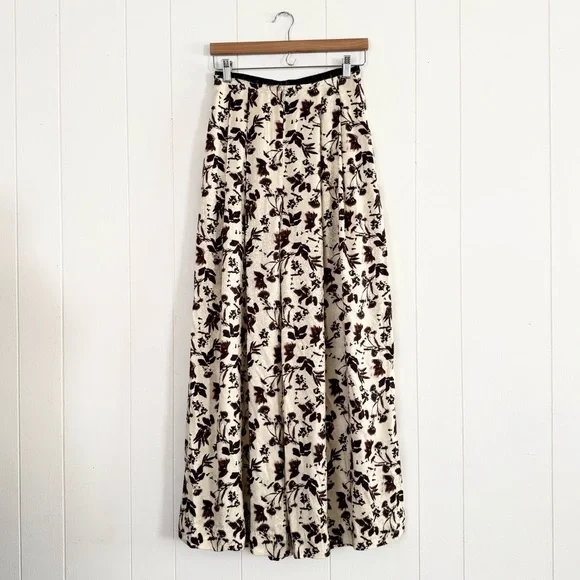 Raquel Allegra Silk Jacquard Trapeze Wide Leg Pants Cream Flower XS Size 0